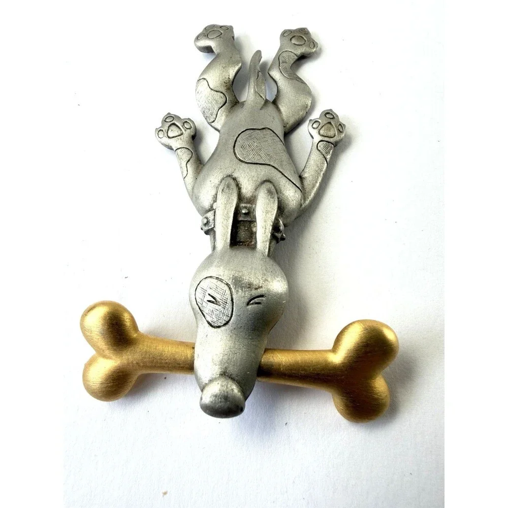 Vintage JJ Jonette Articulated Dog Brooch Silver Pin Pewter Gold Bone Cute 90s